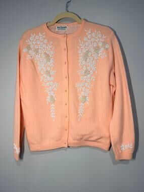 Vtg 50s Crown Rose Originals Beaded Cardigan Sweater Baby Pink Angora Lambswool